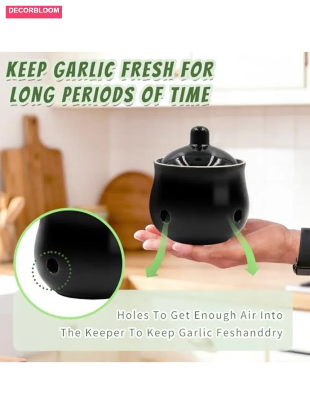 Ceramic Garlic Keeper with Lid - Fresh Storage Jar for Counter